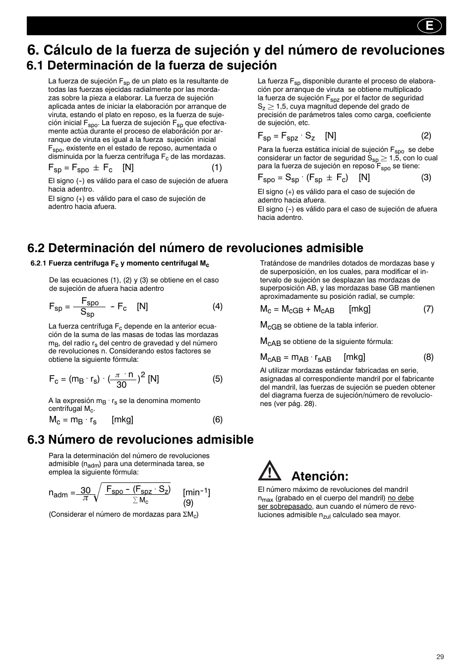 1 determinación de la fuerza de sujeción, E6.3 número de revoluciones admisible atención | ROHM KBF-N - Power-operated ball lock draw-down chucks User Manual | Page 29 / 48