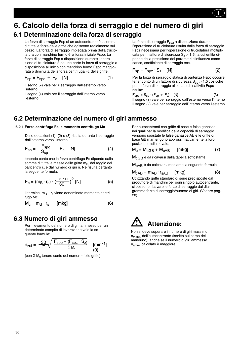 3 numero di giri ammesso, 1 determinazione della forza di serraggio, 2 determinazione del numero di giri ammesso | Attenzione | ROHM KBF-N - Power-operated ball lock draw-down chucks User Manual | Page 36 / 48