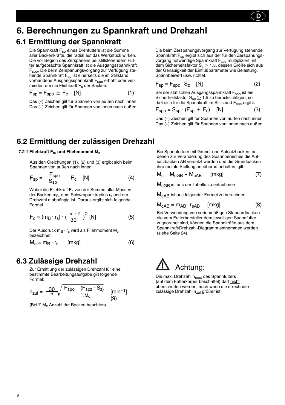 Berechnungen zu spannkraft und drehzahl, 3 zulässige drehzahl, 1 ermittlung der spannkraft | 2 ermittlung der zulässigen drehzahl, Achtung | ROHM KBF-N - Power-operated ball lock draw-down chucks User Manual | Page 8 / 48