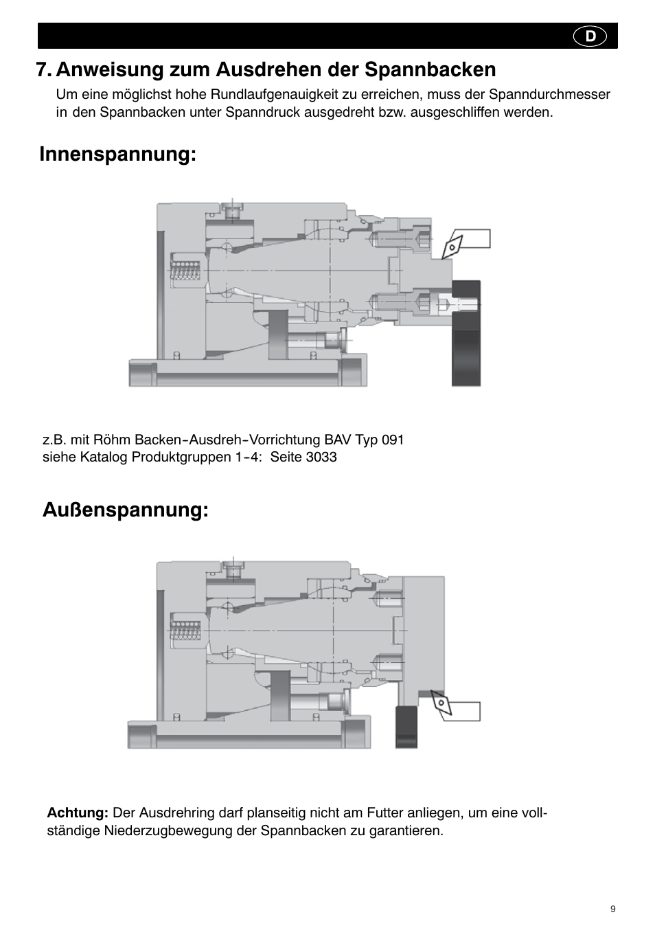 Anweisung zum ausdrehen der spannbacken, Innenspannung, Außenspannung | ROHM KBF-N - Power-operated ball lock draw-down chucks User Manual | Page 9 / 48