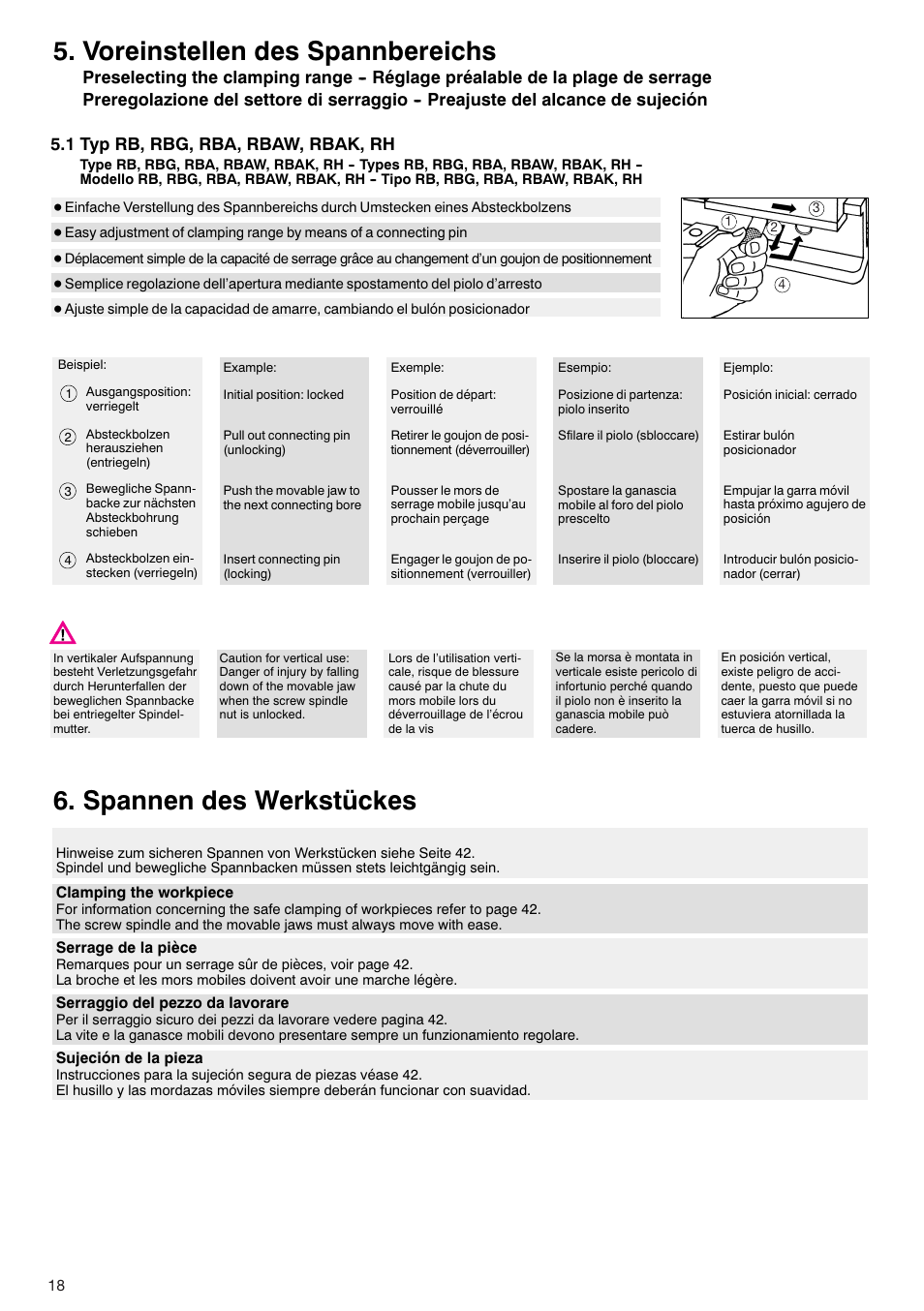 Voreinstellen des spannbereichs, Spannen des werkstückes | ROHM RB / RH / RBA / RBAW machine vices User Manual | Page 18 / 56