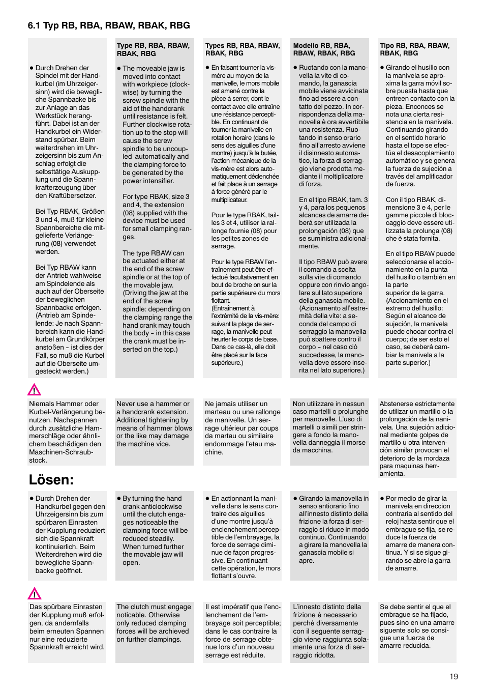 Lösen, 1 typ rb, rba, rbaw, rbak, rbg | ROHM RB / RH / RBA / RBAW machine vices User Manual | Page 19 / 56