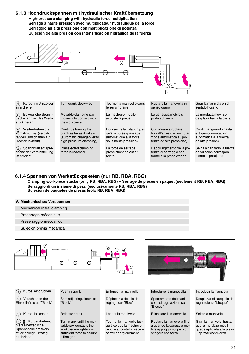 4 spannen von werkstückpaketen (nur rb, rba, rbg) | ROHM RB / RH / RBA / RBAW machine vices User Manual | Page 21 / 56