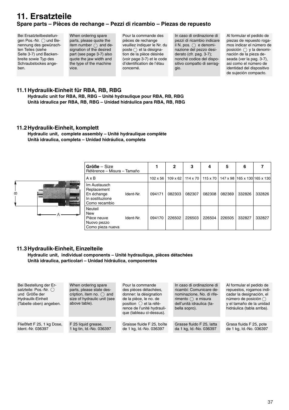 Ersatzteile, 1 hydraulik-einheit für rba, rb, rbg, 2 hydraulik-einheit, komplett | 3 hydraulik-einheit, einzelteile | ROHM RB / RH / RBA / RBAW machine vices User Manual | Page 37 / 56
