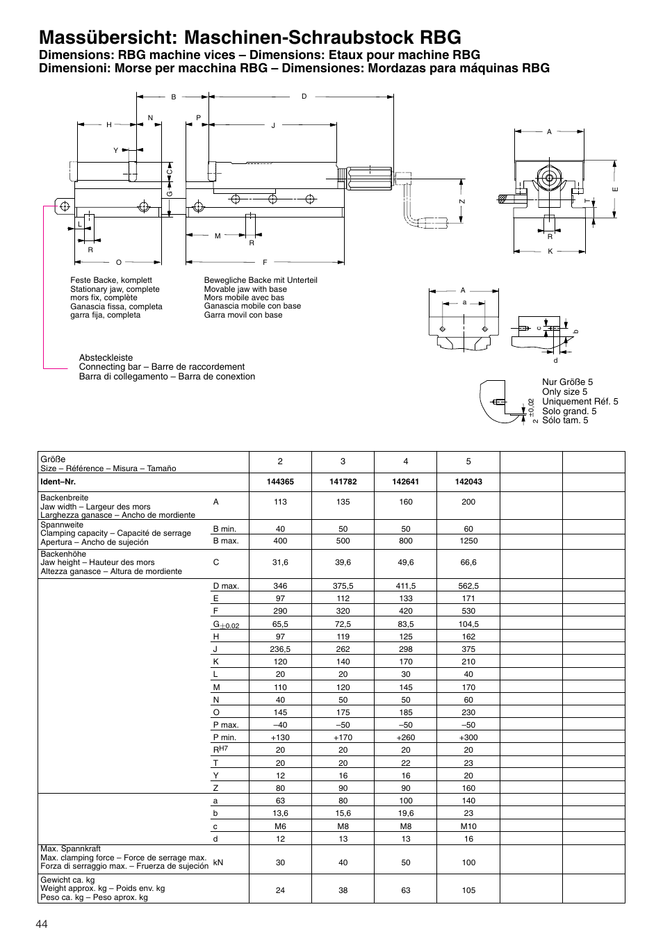 Massübersicht: maschinen-schraubstock rbg | ROHM RB / RH / RBA / RBAW machine vices User Manual | Page 44 / 56