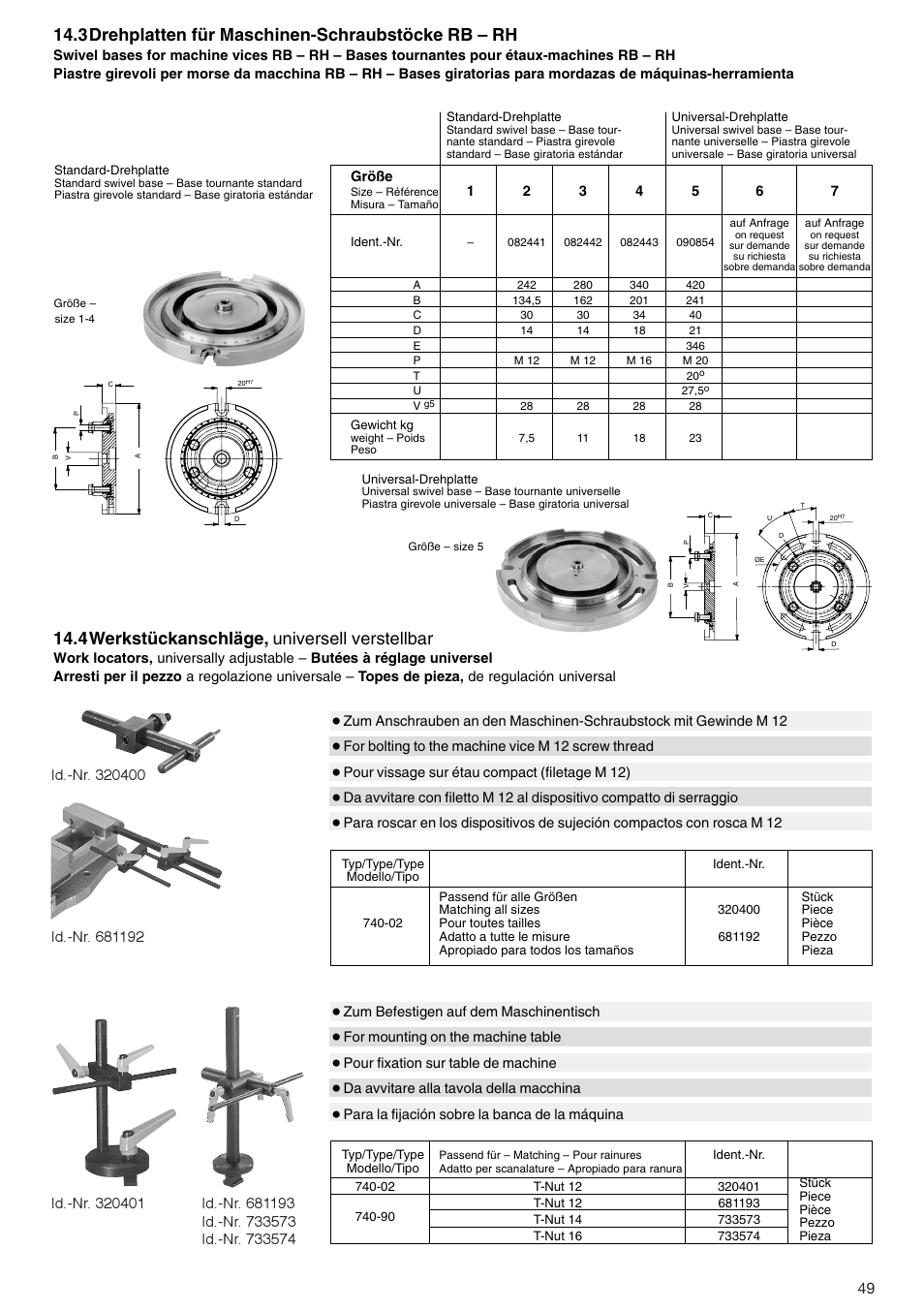 3drehplatten für maschinen-schraubstöcke rb – rh, 4werkstückanschläge, universell verstellbar | ROHM RB / RH / RBA / RBAW machine vices User Manual | Page 49 / 56