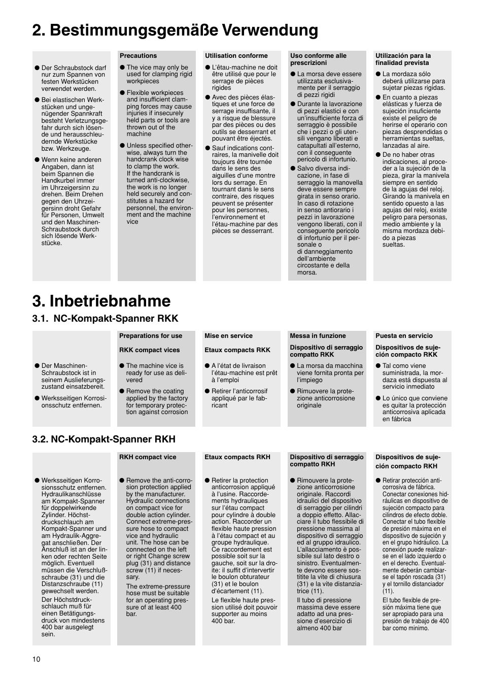 Bestimmungsgemäße verwendung, Inbetriebnahme, Nc-kompakt-spanner rkk 3.2. nc-kompakt-spanner rkh | ROHM RKK / RKH NC-Compact vices User Manual | Page 10 / 34