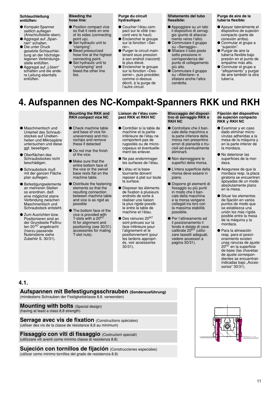 Aufspannen des nc-kompakt-spanners rkk und rkh, Aufspannen mit befestigungsschrauben, Serrage avec vis de fixation | Sujeción con tornillos de fijación, Mounting with bolts, Fissaggio con viti di fissaggio | ROHM RKK / RKH NC-Compact vices User Manual | Page 11 / 34