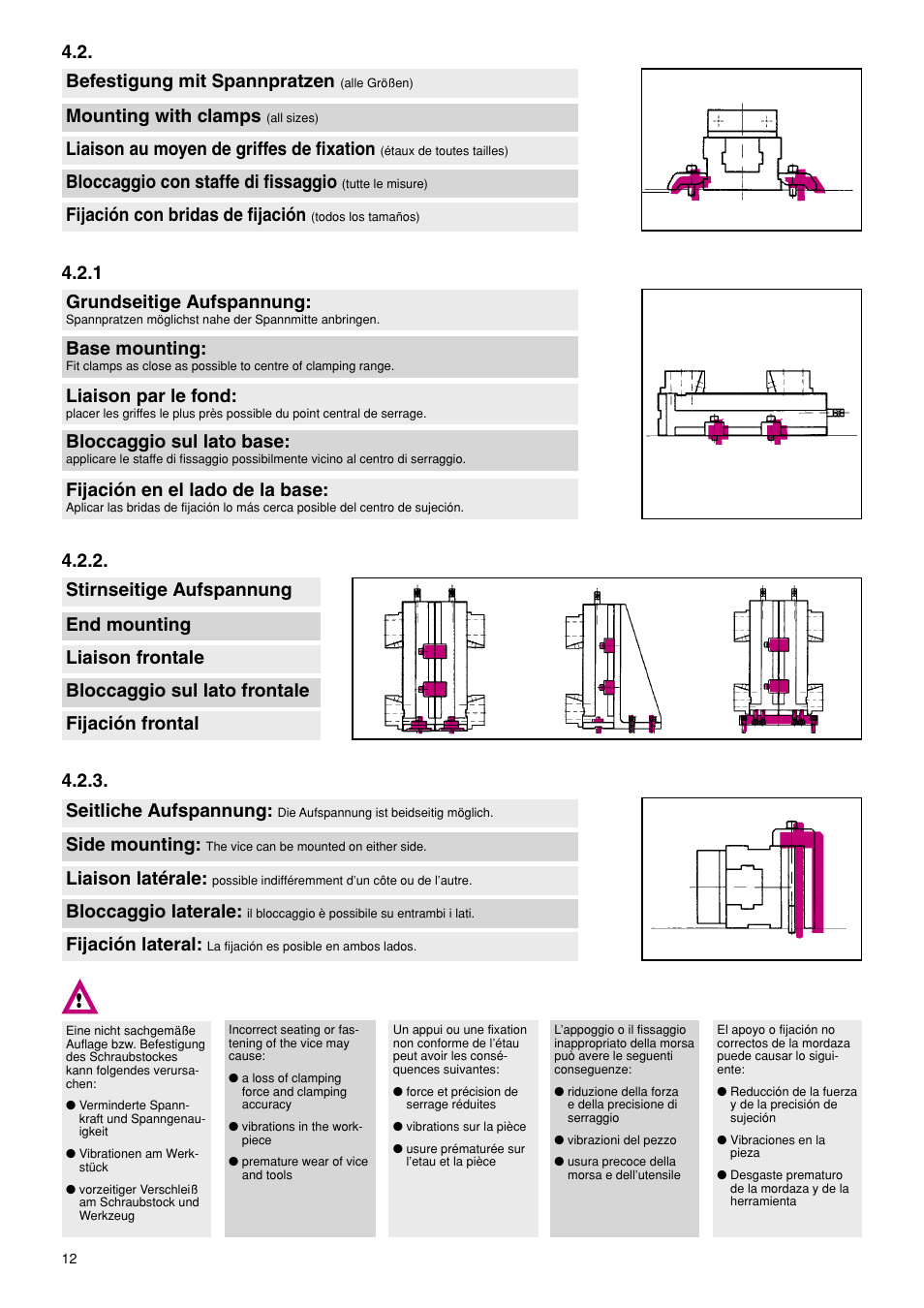 Grundseitige aufspannung, Liaison par le fond, Fijación en el lado de la base | Base mounting, Bloccaggio sul lato base, Befestigung mit spannpratzen, Liaison au moyen de griffes de fixation, Fijación con bridas de fijación, Mounting with clamps, Bloccaggio con staffe di fissaggio | ROHM RKK / RKH NC-Compact vices User Manual | Page 12 / 34