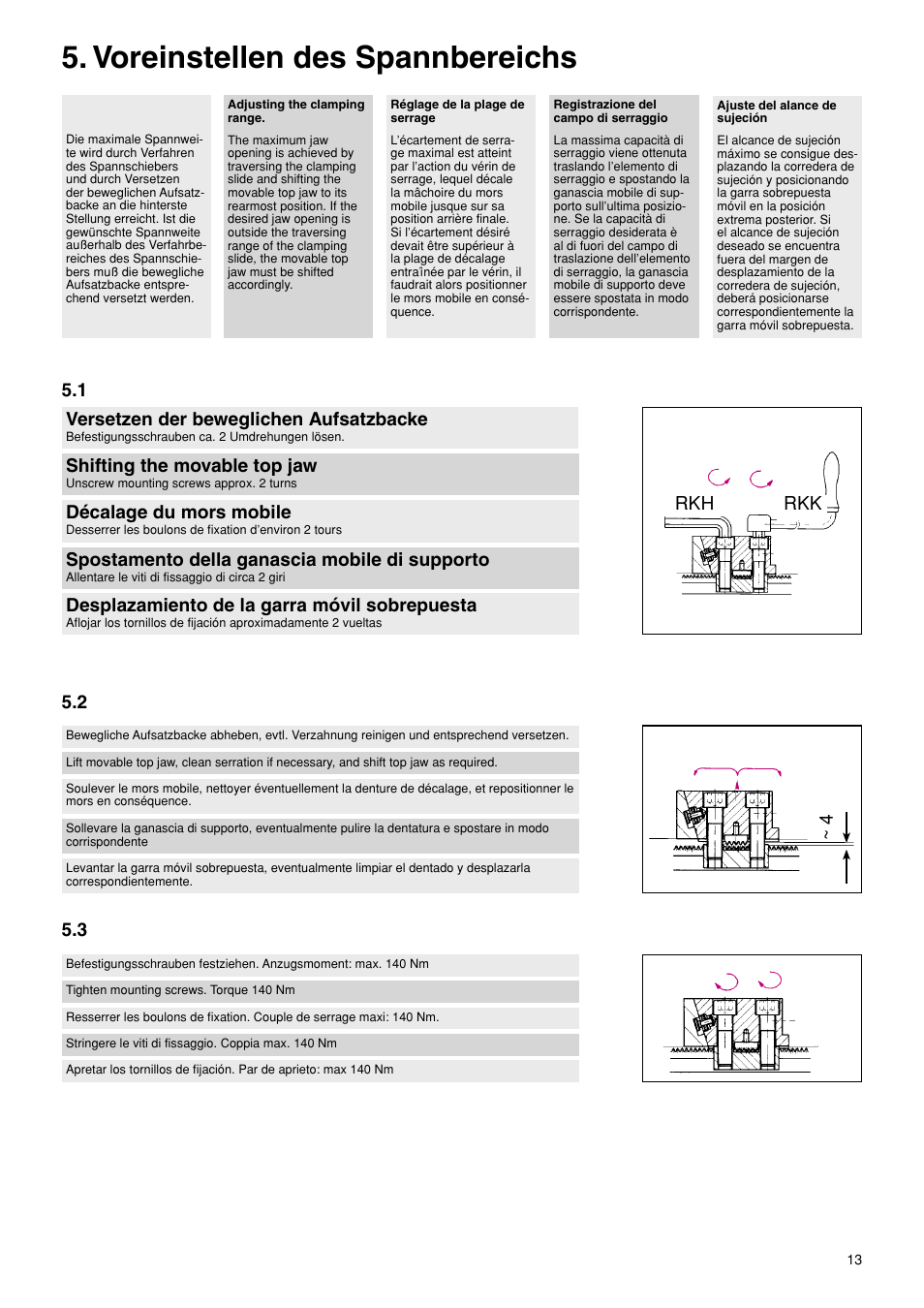 Voreinstellen des spannbereichs, Versetzen der beweglichen aufsatzbacke, Décalage du mors mobile | Desplazamiento de la garra móvil sobrepuesta, Shifting the movable top jaw, Spostamento della ganascia mobile di supporto, 2 5.3 rkh rkk ~ 4 | ROHM RKK / RKH NC-Compact vices User Manual | Page 13 / 34