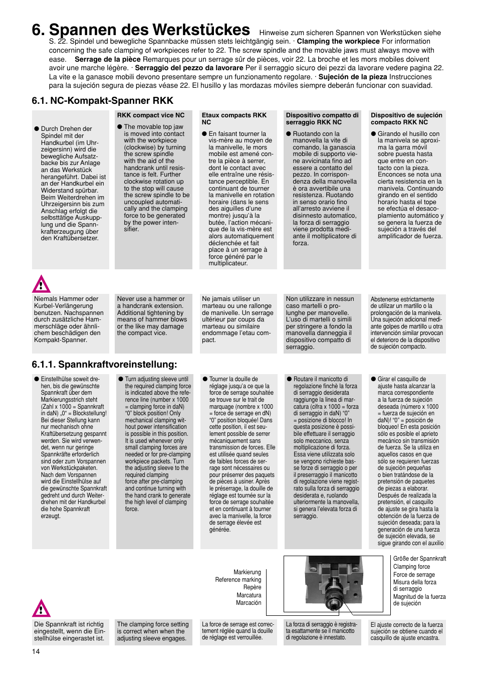 Spannen des werkstückes, Nc-kompakt-spanner rkk, Spannkraftvoreinstellung | ROHM RKK / RKH NC-Compact vices User Manual | Page 14 / 34