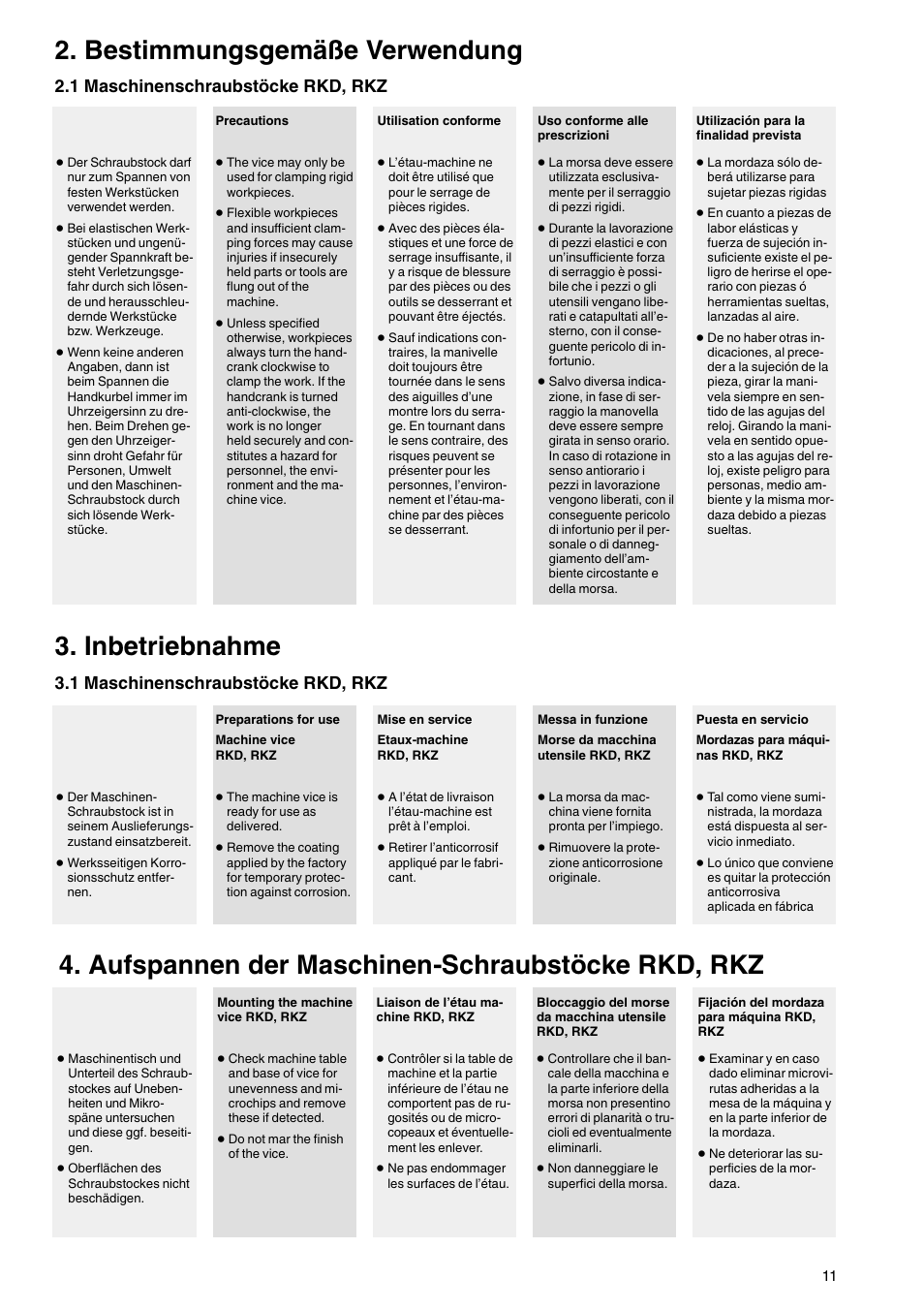 Bestimmungsgemäße verwendung, Inbetriebnahme, Aufspannen der maschinen-schraubstöcke rkd, rkz | 1 maschinenschraubstöcke rkd, rkz | ROHM RKD NC-Compact twin vices / RKZ NC-Compact self centering vices User Manual | Page 11 / 32