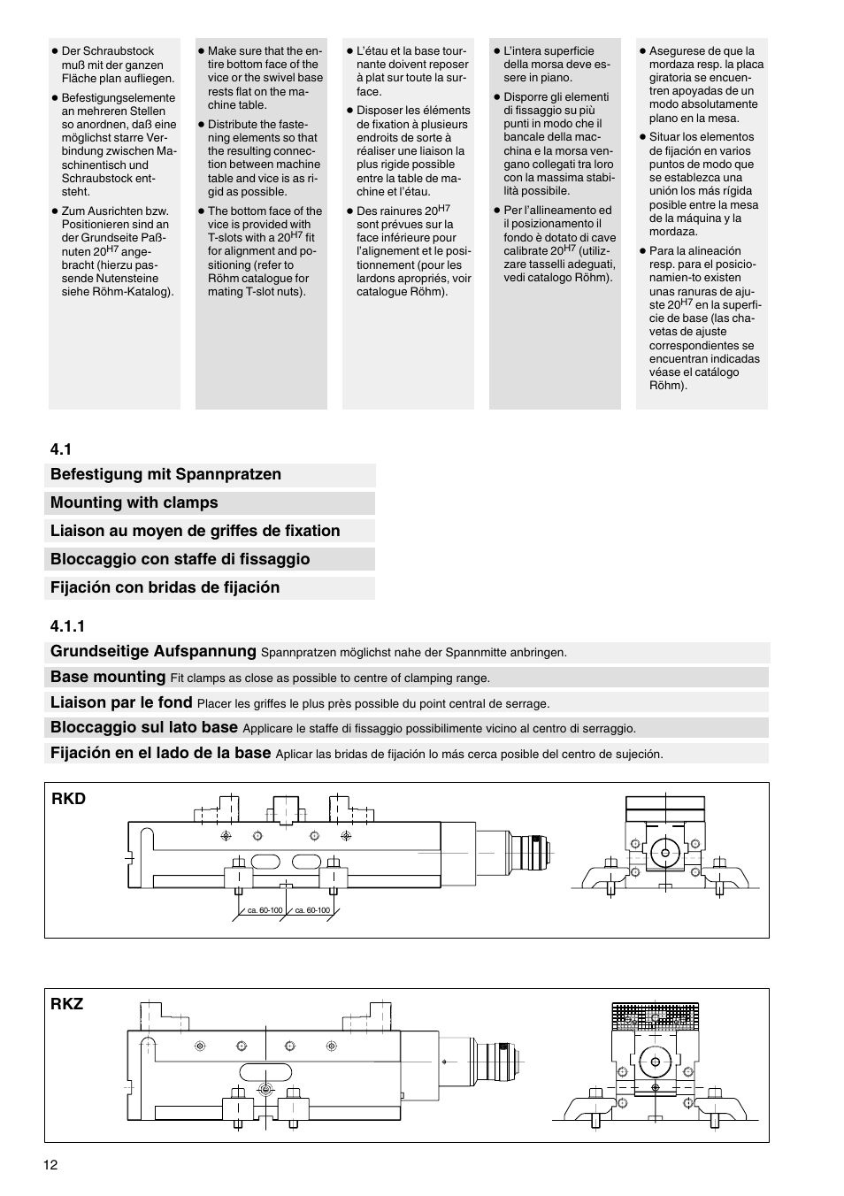 Base mounting, Liaison par le fond, Bloccaggio sul lato base | Fijación en el lado de la base, Rkd rkz | ROHM RKD NC-Compact twin vices / RKZ NC-Compact self centering vices User Manual | Page 12 / 32