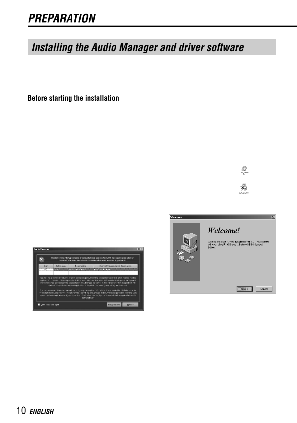 Preparation, Installing the audio manager and driver software | Aiwa MM-RX400 User Manual | Page 10 / 64