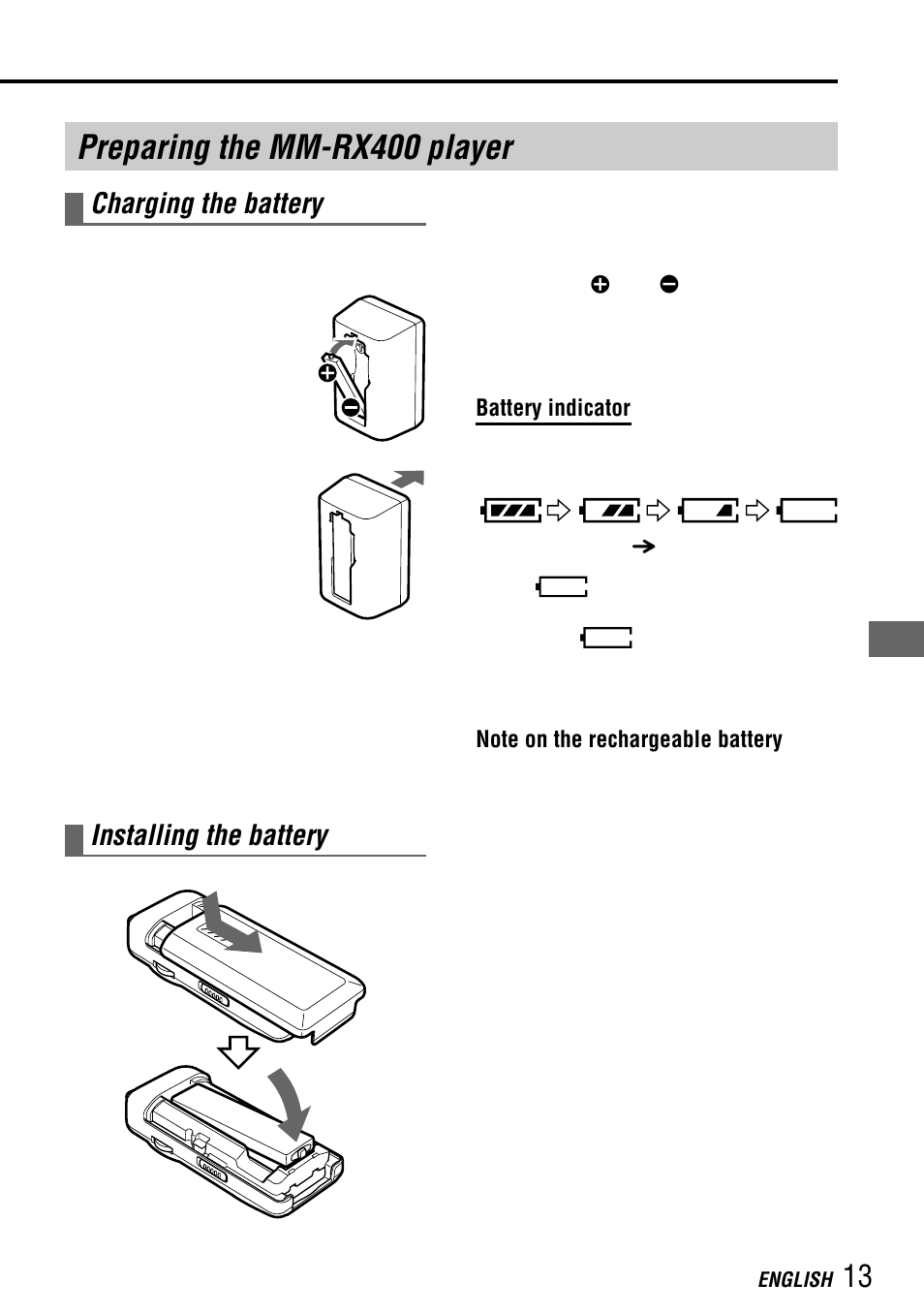 Preparing the mm-rx400 player, Charging the battery, Installing the battery | Aiwa MM-RX400 User Manual | Page 13 / 64