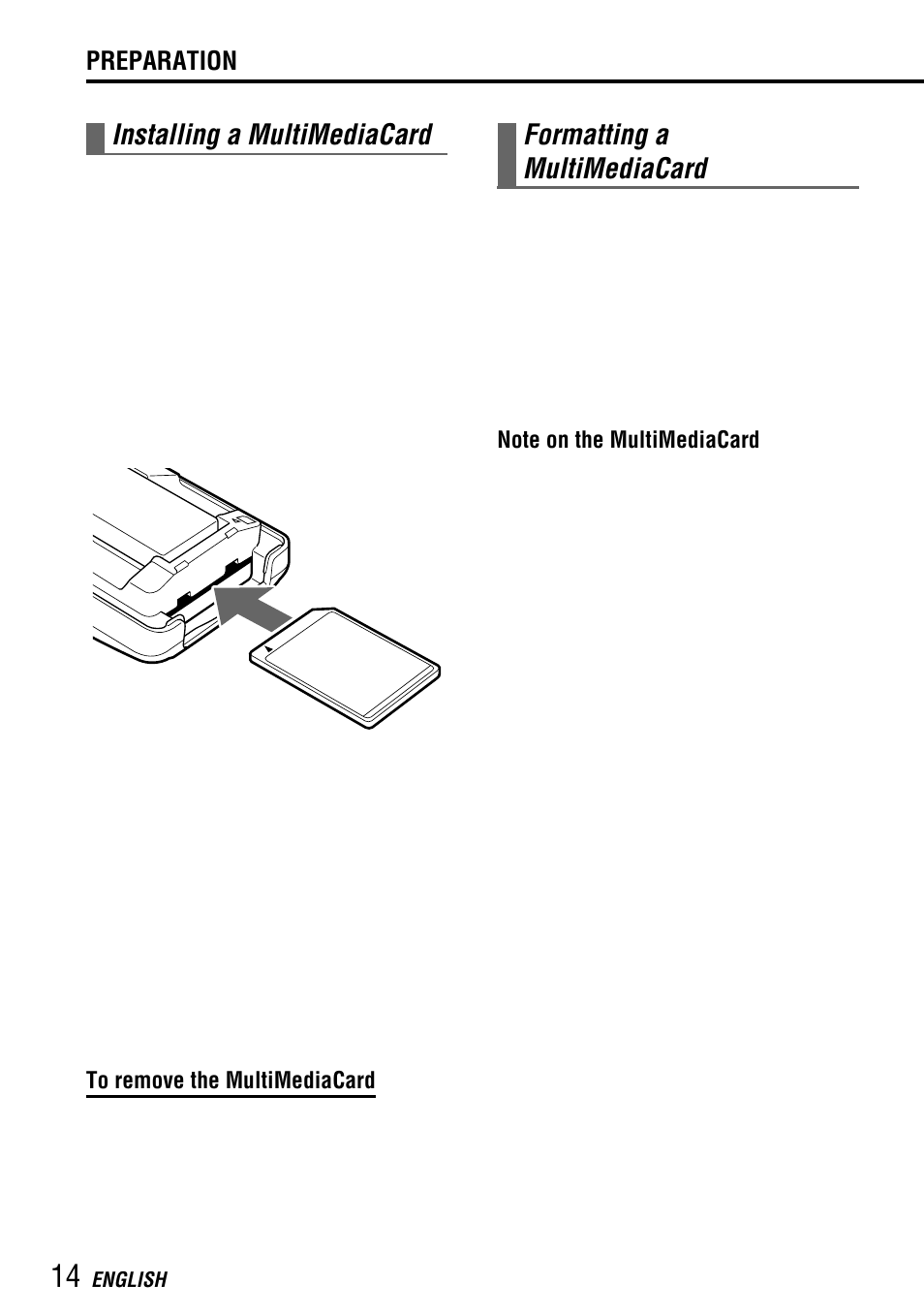 Formatting a multimediacard, Installing a multimediacard | Aiwa MM-RX400 User Manual | Page 14 / 64
