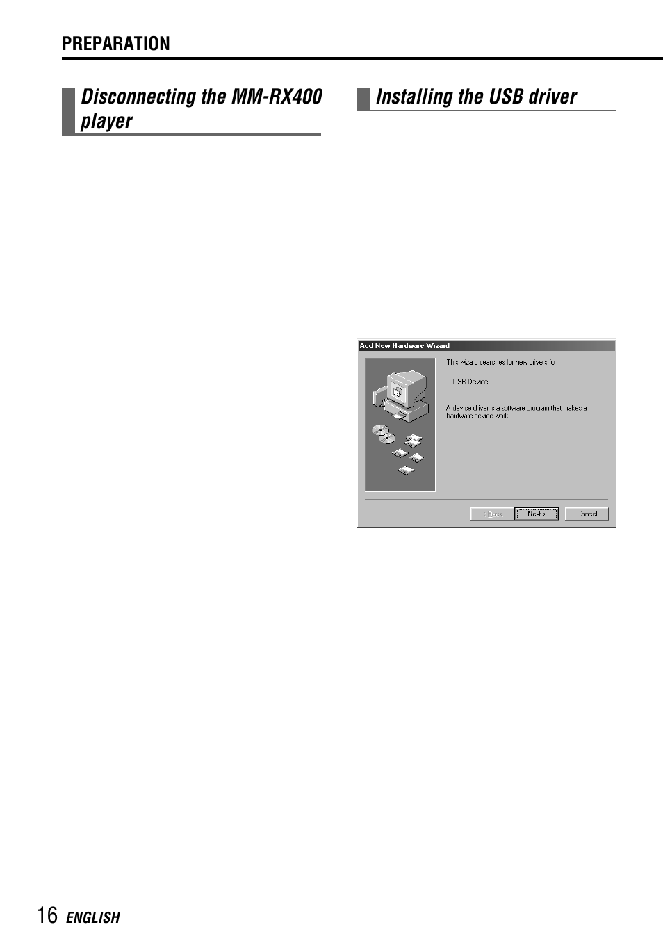 Disconnecting the mm-rx400 player, Installing the usb driver | Aiwa MM-RX400 User Manual | Page 16 / 64