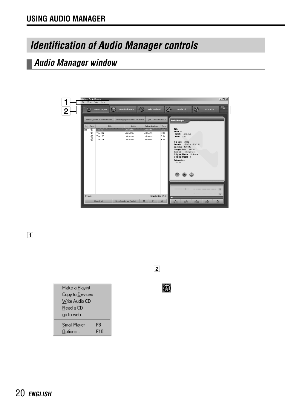 Identification of audio manager controls, Audio manager window | Aiwa MM-RX400 User Manual | Page 20 / 64