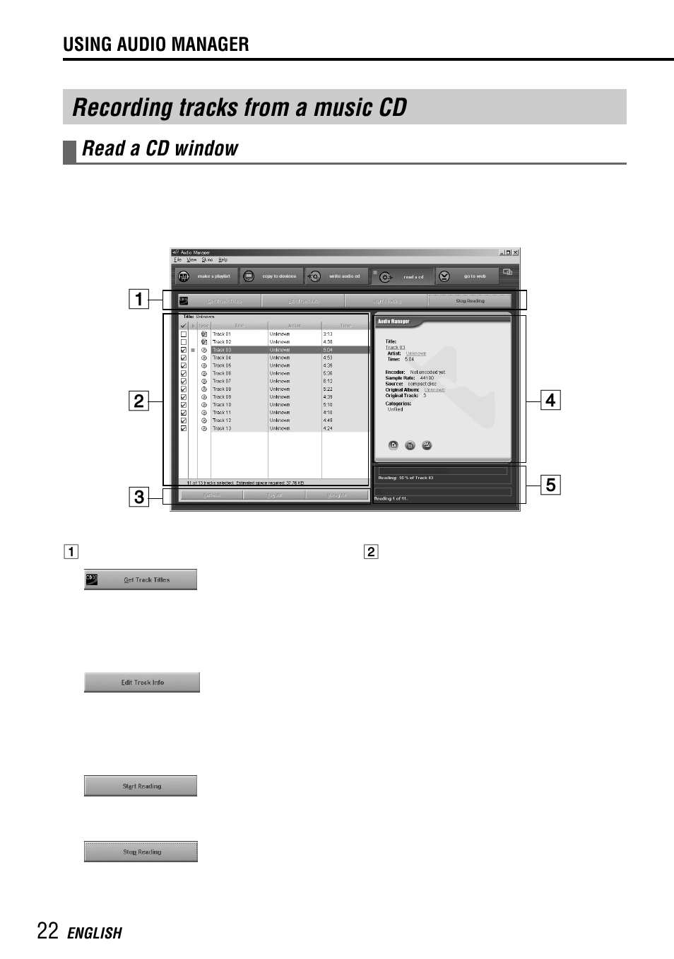 Recording tracks from a music cd, Read a cd window | Aiwa MM-RX400 User Manual | Page 22 / 64