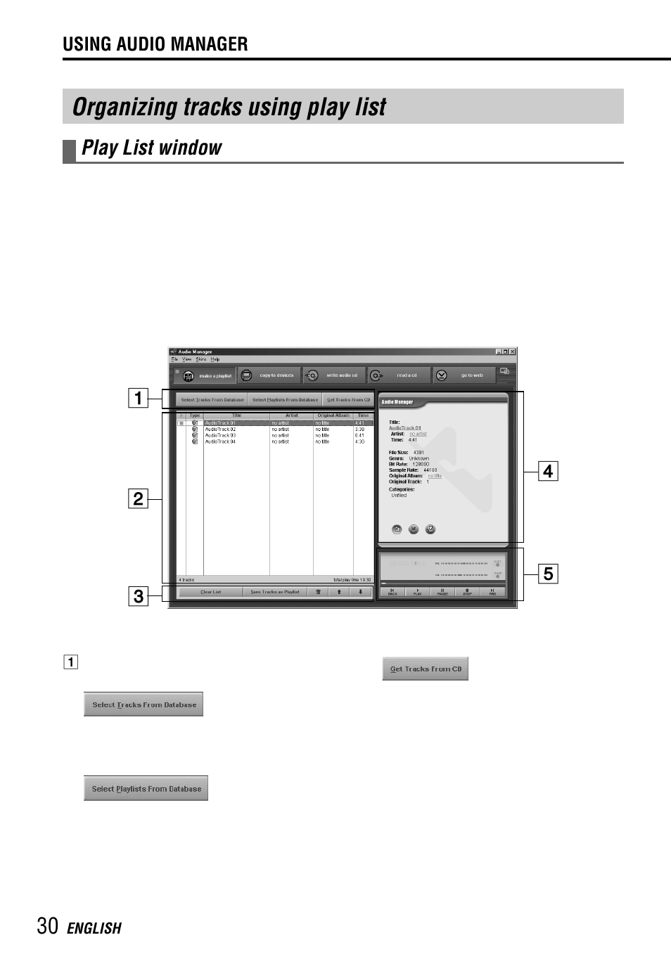 Organizing tracks using play list, Play list window | Aiwa MM-RX400 User Manual | Page 30 / 64