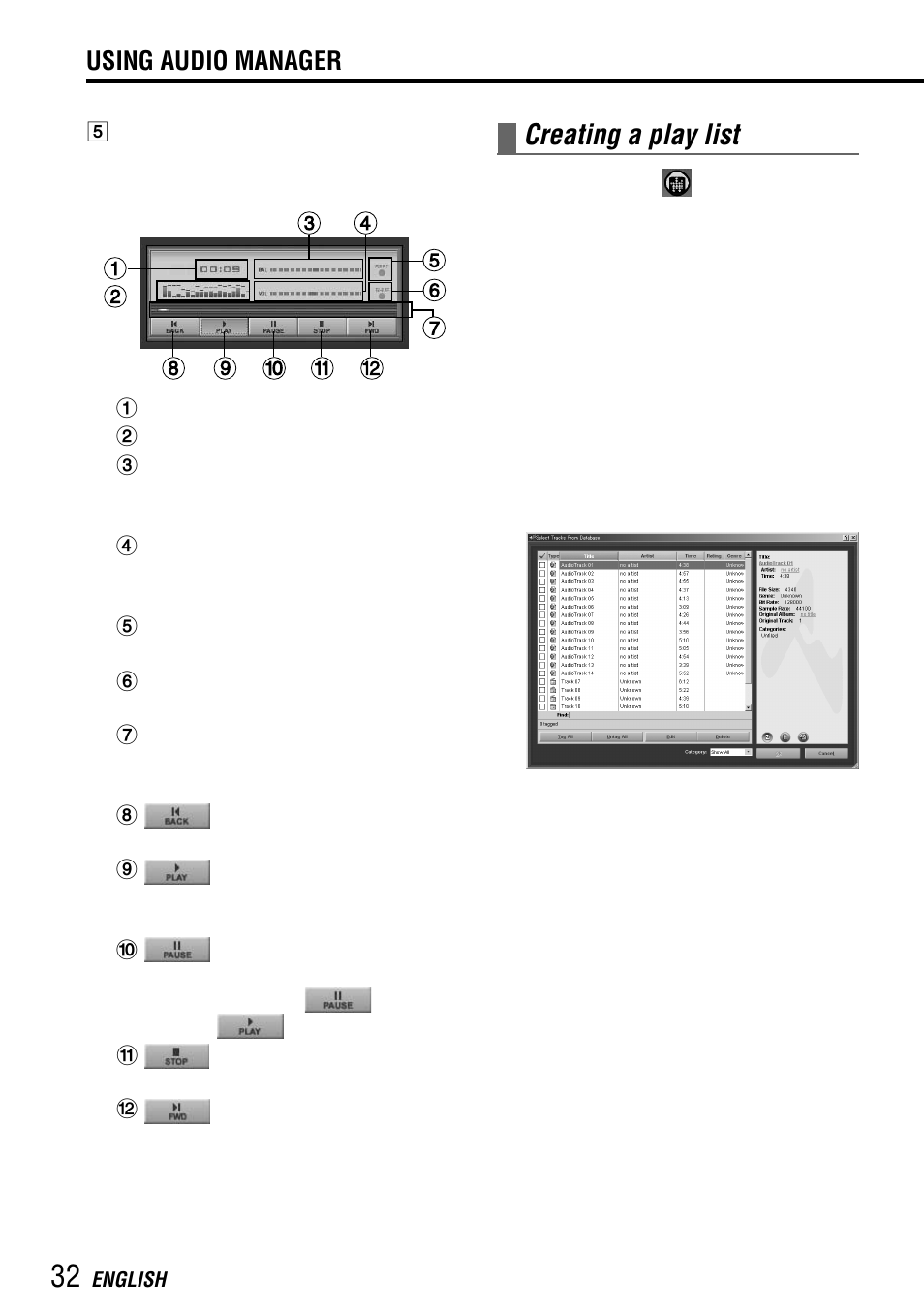 Creating a play list, Using audio manager | Aiwa MM-RX400 User Manual | Page 32 / 64