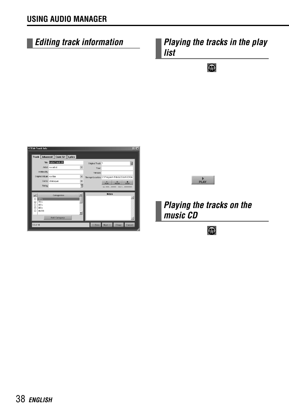 Editing track information, Playing the tracks in the play list, Playing the tracks on the music cd | Aiwa MM-RX400 User Manual | Page 38 / 64