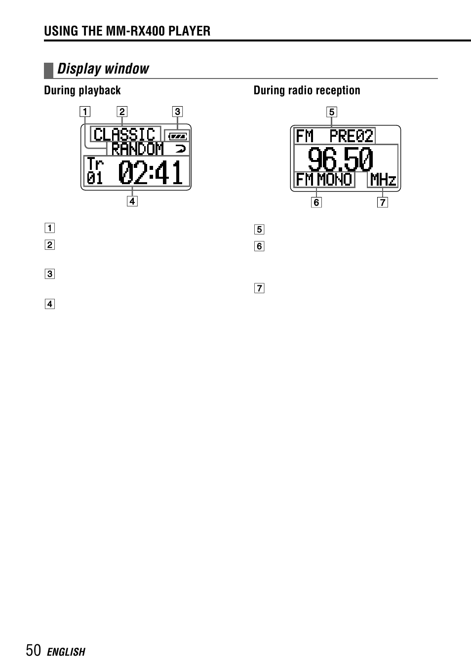 Display window | Aiwa MM-RX400 User Manual | Page 50 / 64