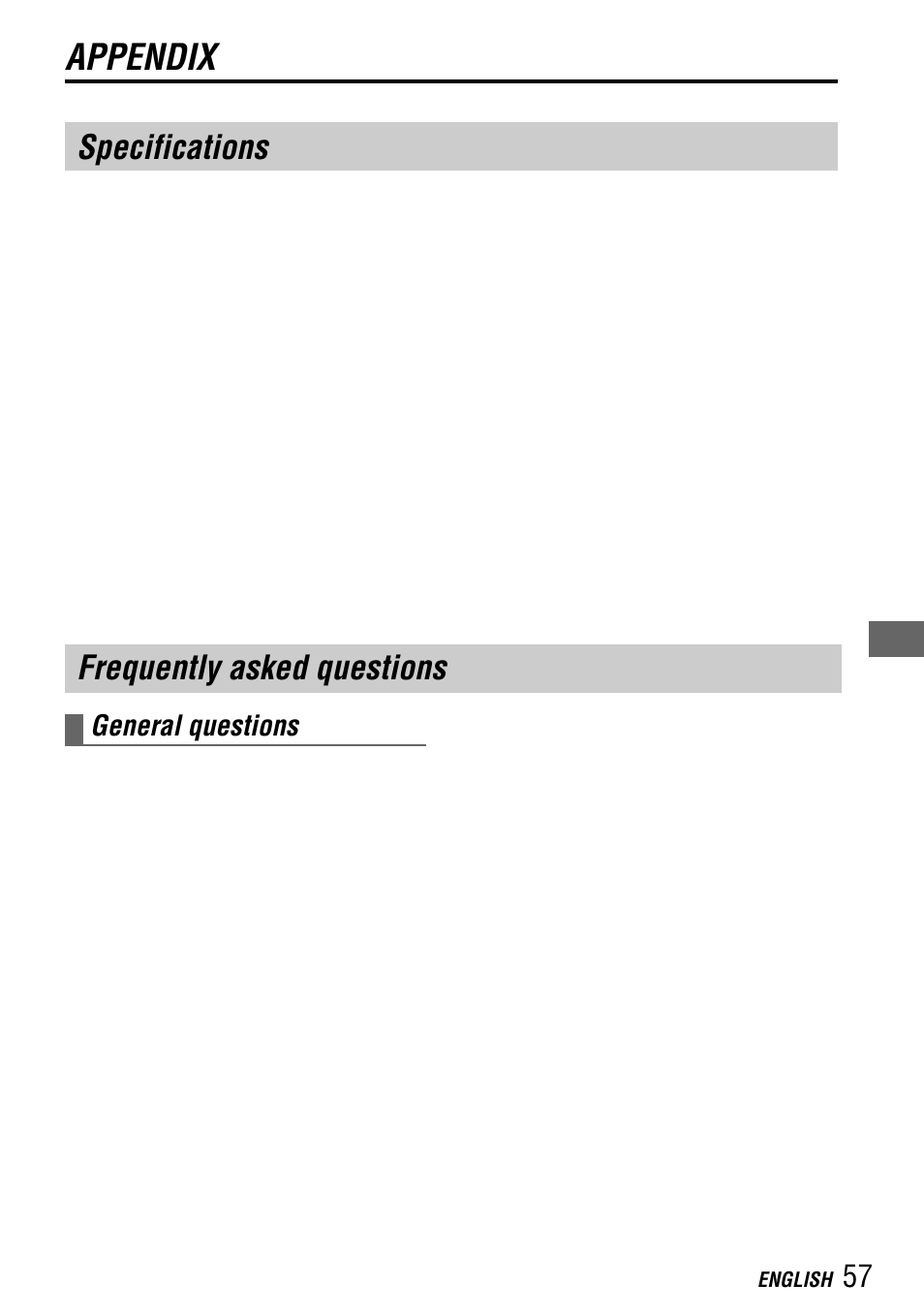 Appendix, Specifications, Frequently asked questions | General questions, English | Aiwa MM-RX400 User Manual | Page 57 / 64