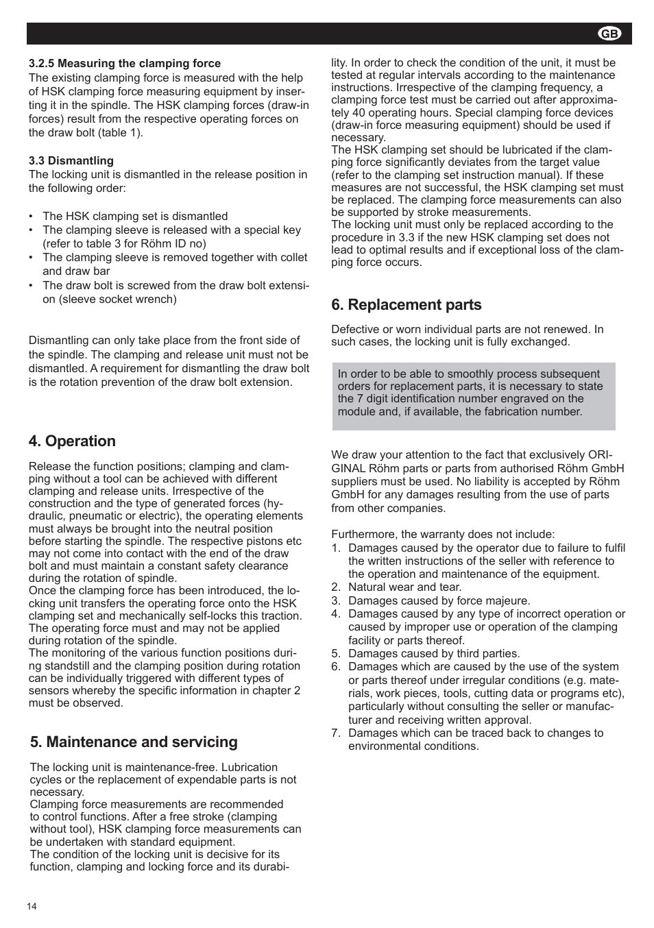Duro-t, Maintenance and servicing, Operation | Replacement parts | ROHM SUPER-LOCK User Manual | Page 14 / 28