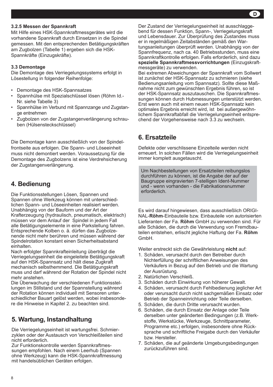 Duro-t, Wartung, instandhaltung, Bedienung | Ersatzteile | ROHM SUPER-LOCK User Manual | Page 8 / 28