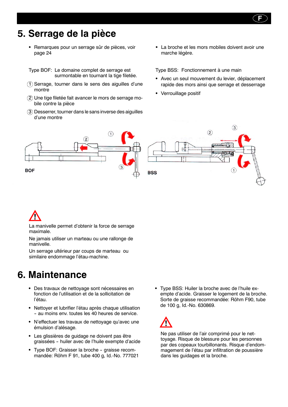 Serrage de la pièce, Maintenance | ROHM BOF - BSS drilling machine vice User Manual | Page 12 / 25