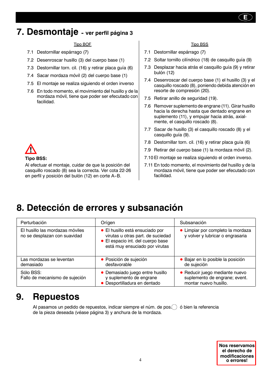 Desmontaje, Detección de errores y subsanación, Repuestos | Indicaciones para la sujeción segura de piezas, Sinópsis de dimensiones | ROHM BOF - BSS drilling machine vice User Manual | Page 17 / 25