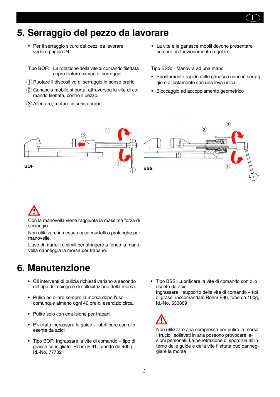 Serraggio del pezzo da lavorare, Manutenzione | ROHM BOF - BSS drilling machine vice User Manual | Page 20 / 25