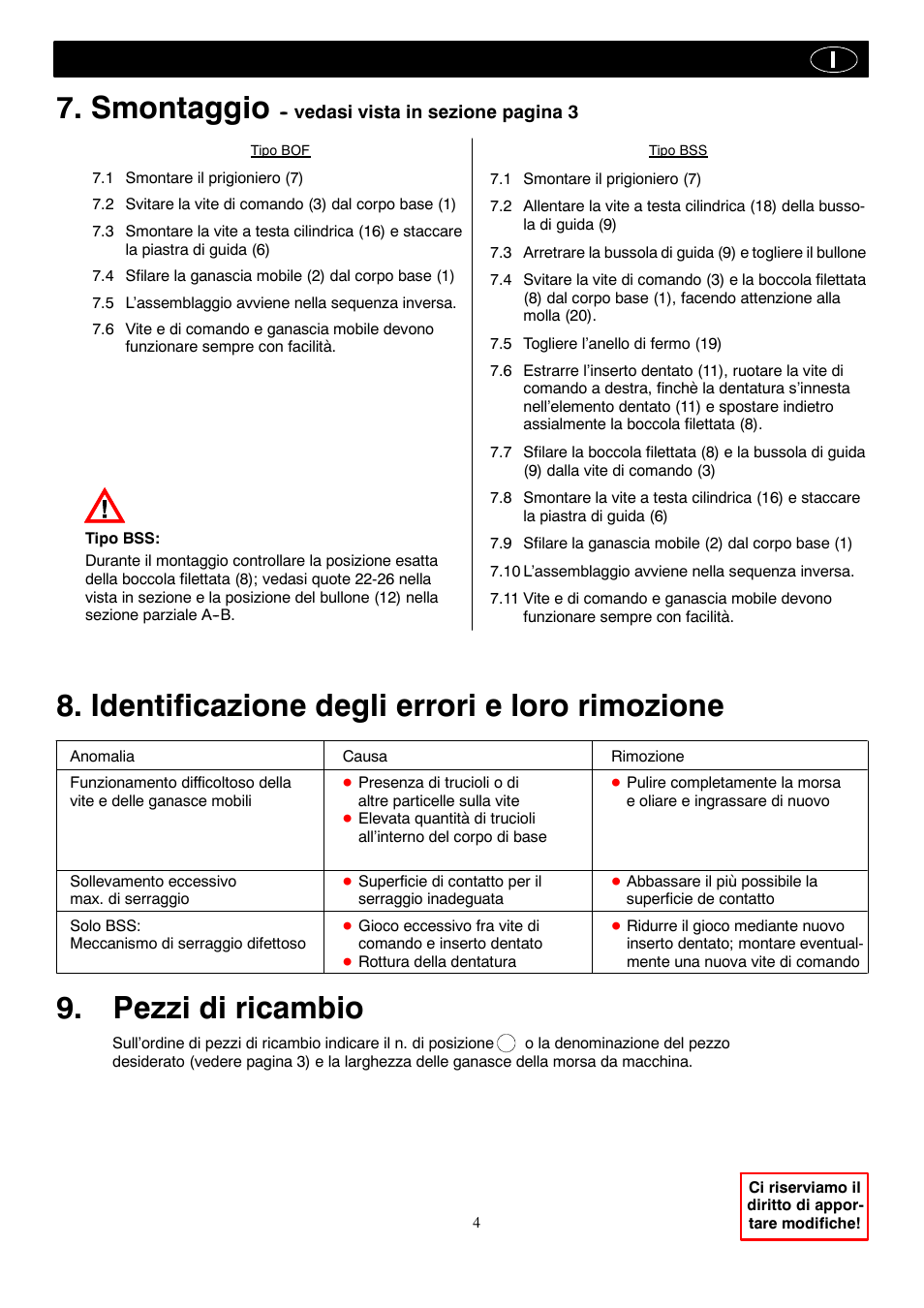 Smontaggio, Prospetto delle dimensioni | ROHM BOF - BSS drilling machine vice User Manual | Page 21 / 25