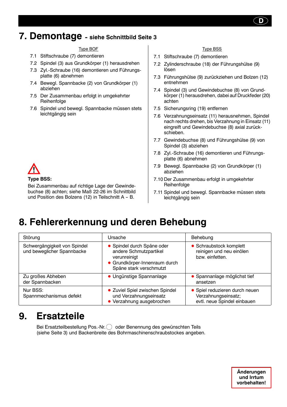 Demontage, Fehlererkennung und deren behebung 9. ersatzteile | ROHM BOF - BSS drilling machine vice User Manual | Page 5 / 25