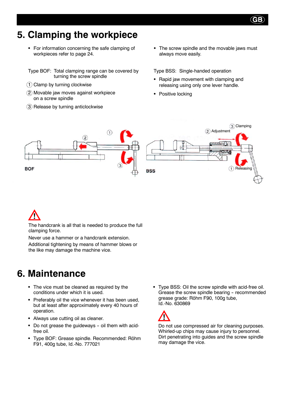 Clamping the workpiece, Maintenance | ROHM BOF - BSS drilling machine vice User Manual | Page 8 / 25