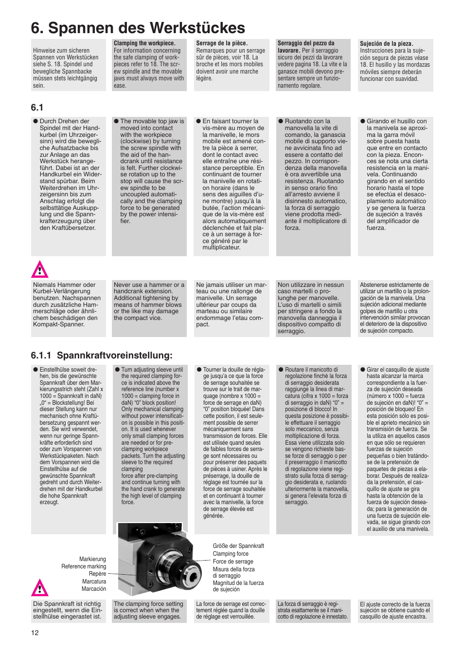 Spannen des werkstückes, 1 spannkraftvoreinstellung | ROHM RKE-U/-U L/-LV NC-Compact vices User Manual | Page 12 / 28