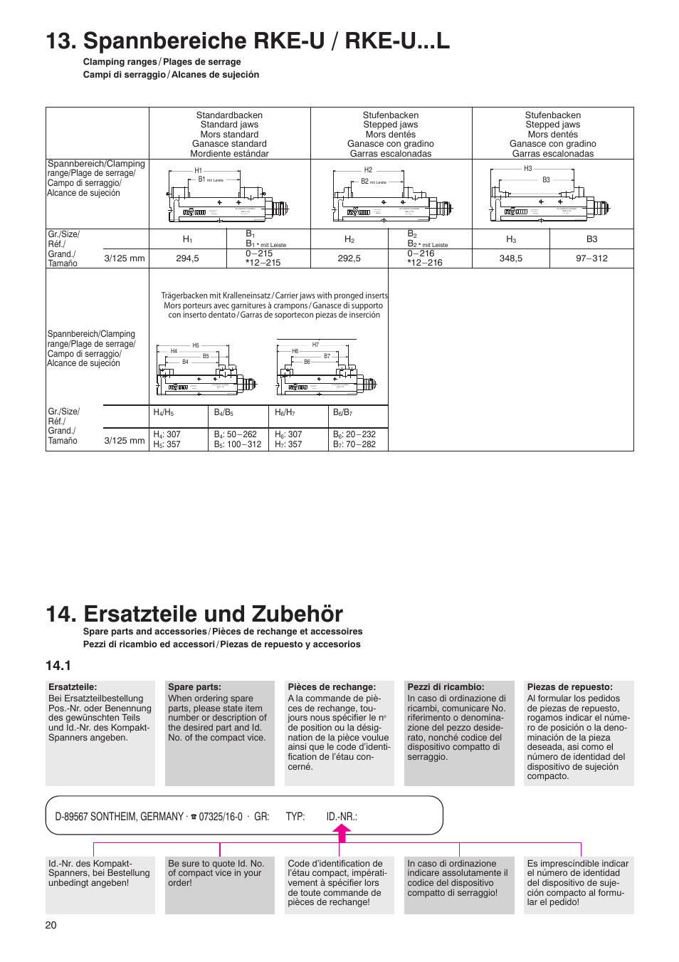 Spannbereiche rke-u / rke-u...l, Ersatzteile und zubehör | ROHM RKE-U/-U L/-LV NC-Compact vices User Manual | Page 20 / 28