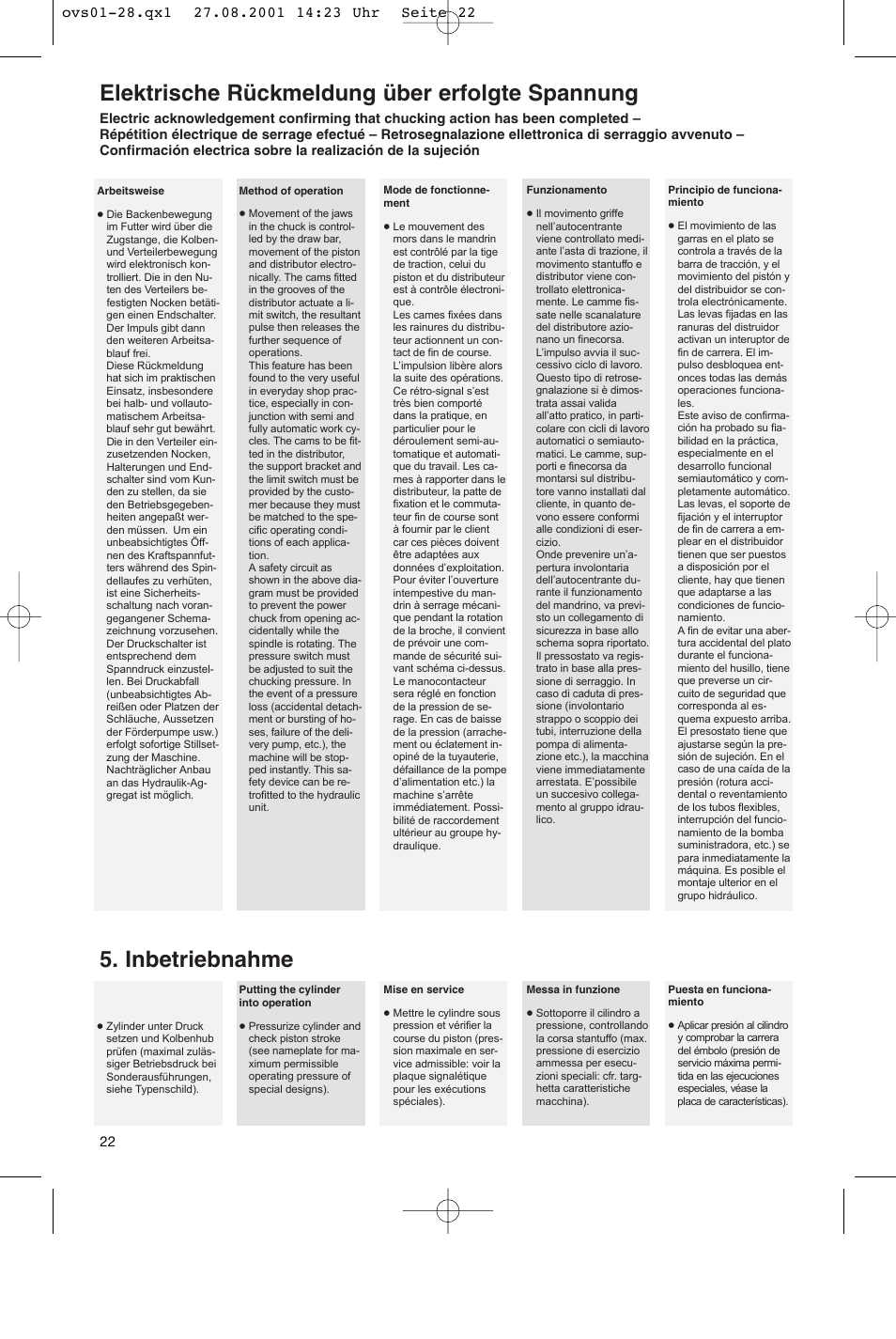 Elektrische rückmeldung über erfolgte spannung, Inbetriebnahme | ROHM OV / OVS - oil-operated cylinders User Manual | Page 22 / 28