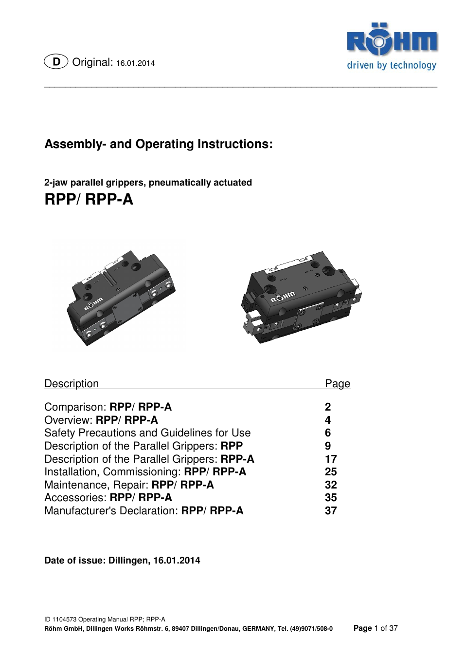 ROHM RPP / RPP-A 2-jaw parallel gripper User Manual | 37 pages