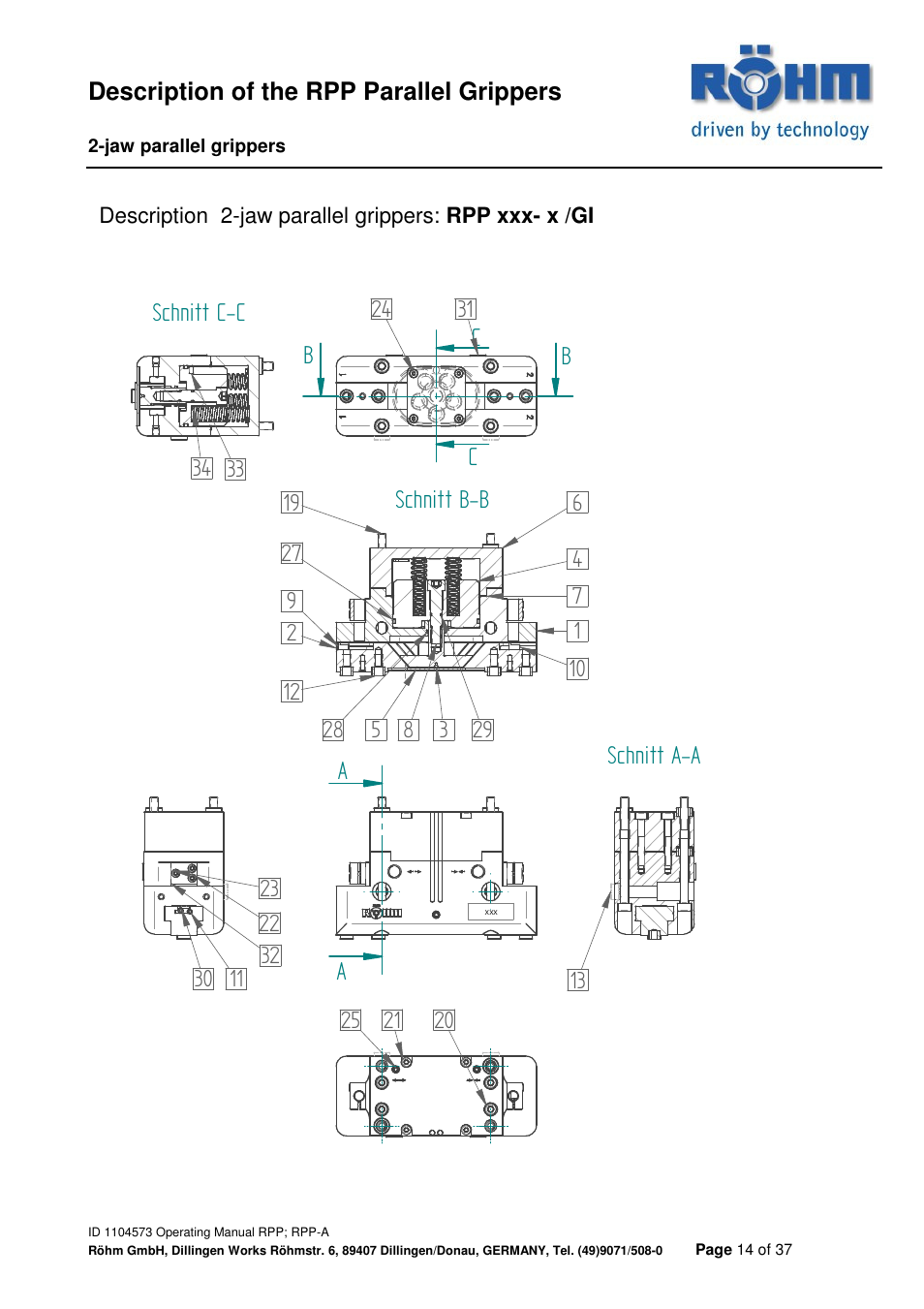 Aschnitt a-a b b schnitt b-b c c schnitt c-c | ROHM RPP / RPP-A 2-jaw parallel gripper User Manual | Page 14 / 37