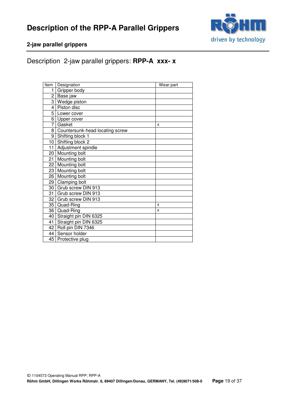 Description of the rpp-a parallel grippers, Description 2-jaw parallel grippers: rpp-a xxx- x | ROHM RPP / RPP-A 2-jaw parallel gripper User Manual | Page 19 / 37