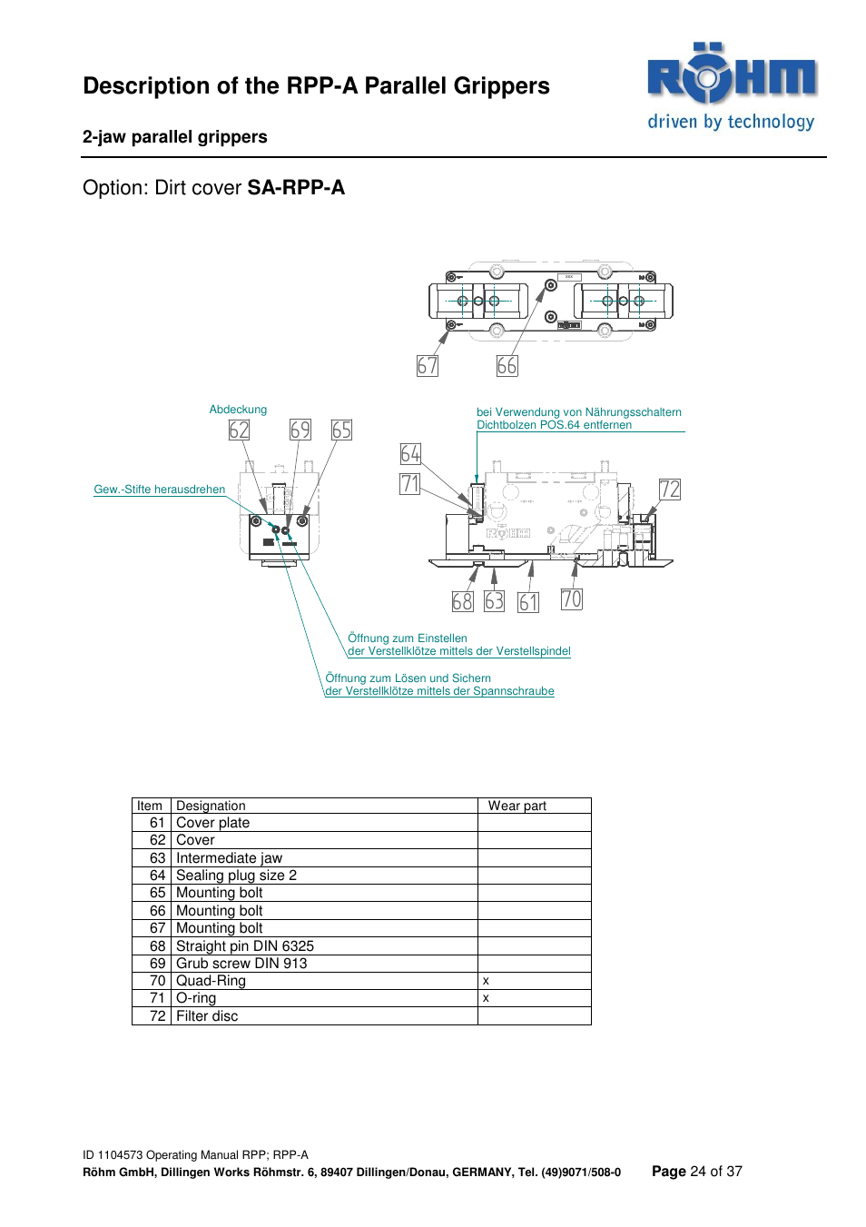 Description of the rpp-a parallel grippers, Option: dirt cover sa-rpp-a | ROHM RPP / RPP-A 2-jaw parallel gripper User Manual | Page 24 / 37