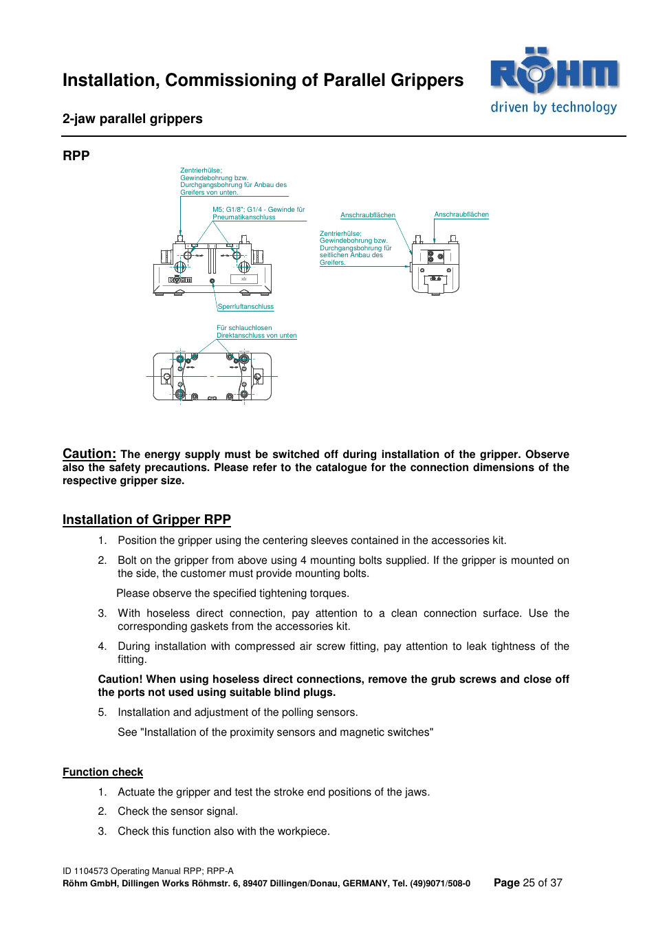 Installation, commissioning of parallel grippers, Jaw parallel grippers, Caution | Installation of gripper rpp | ROHM RPP / RPP-A 2-jaw parallel gripper User Manual | Page 25 / 37