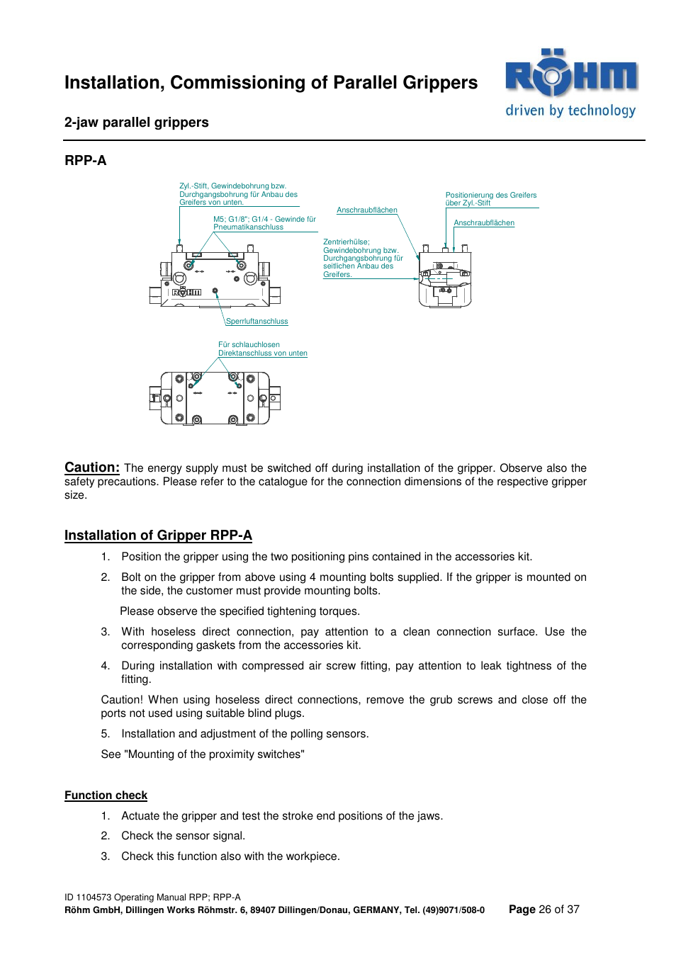 Installation, commissioning of parallel grippers, Jaw parallel grippers, Rpp-a | Caution, Installation of gripper rpp-a | ROHM RPP / RPP-A 2-jaw parallel gripper User Manual | Page 26 / 37