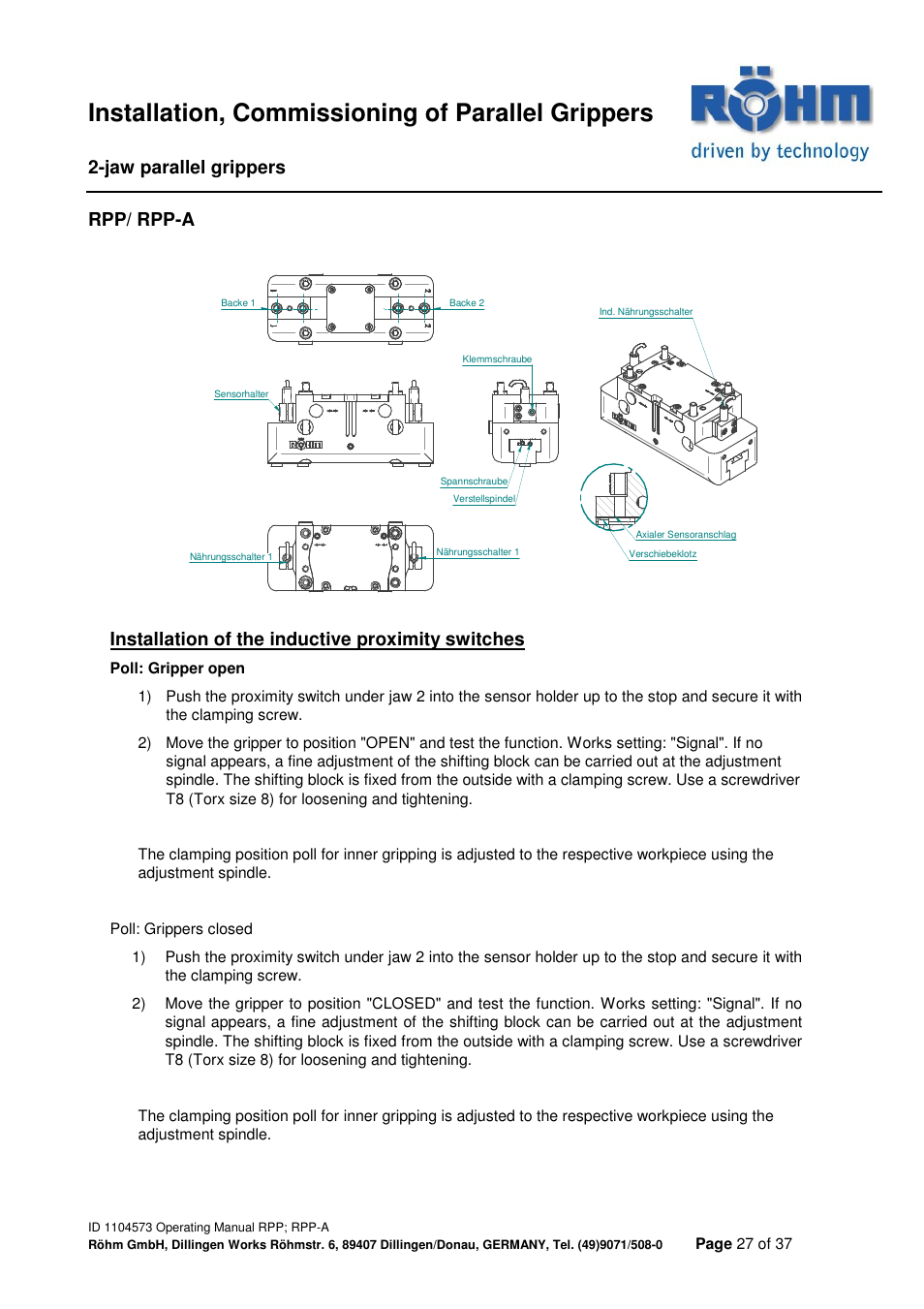 Installation, commissioning of parallel grippers, Jaw parallel grippers, Rpp/ rpp-a | Installation of the inductive proximity switches | ROHM RPP / RPP-A 2-jaw parallel gripper User Manual | Page 27 / 37