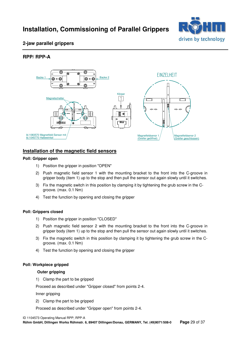 Installation, commissioning of parallel grippers, Einzelheit, Jaw parallel grippers | Rpp/ rpp-a, Installation of the magnetic field sensors | ROHM RPP / RPP-A 2-jaw parallel gripper User Manual | Page 29 / 37