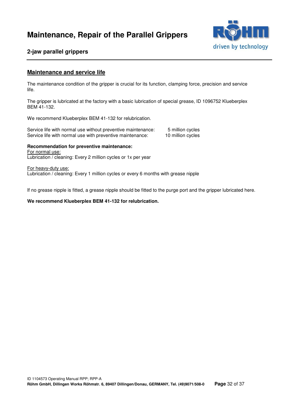 Maintenance, repair of the parallel grippers | ROHM RPP / RPP-A 2-jaw parallel gripper User Manual | Page 32 / 37