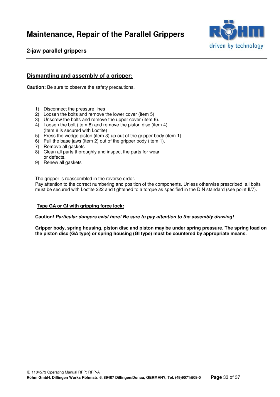 Maintenance, repair of the parallel grippers | ROHM RPP / RPP-A 2-jaw parallel gripper User Manual | Page 33 / 37