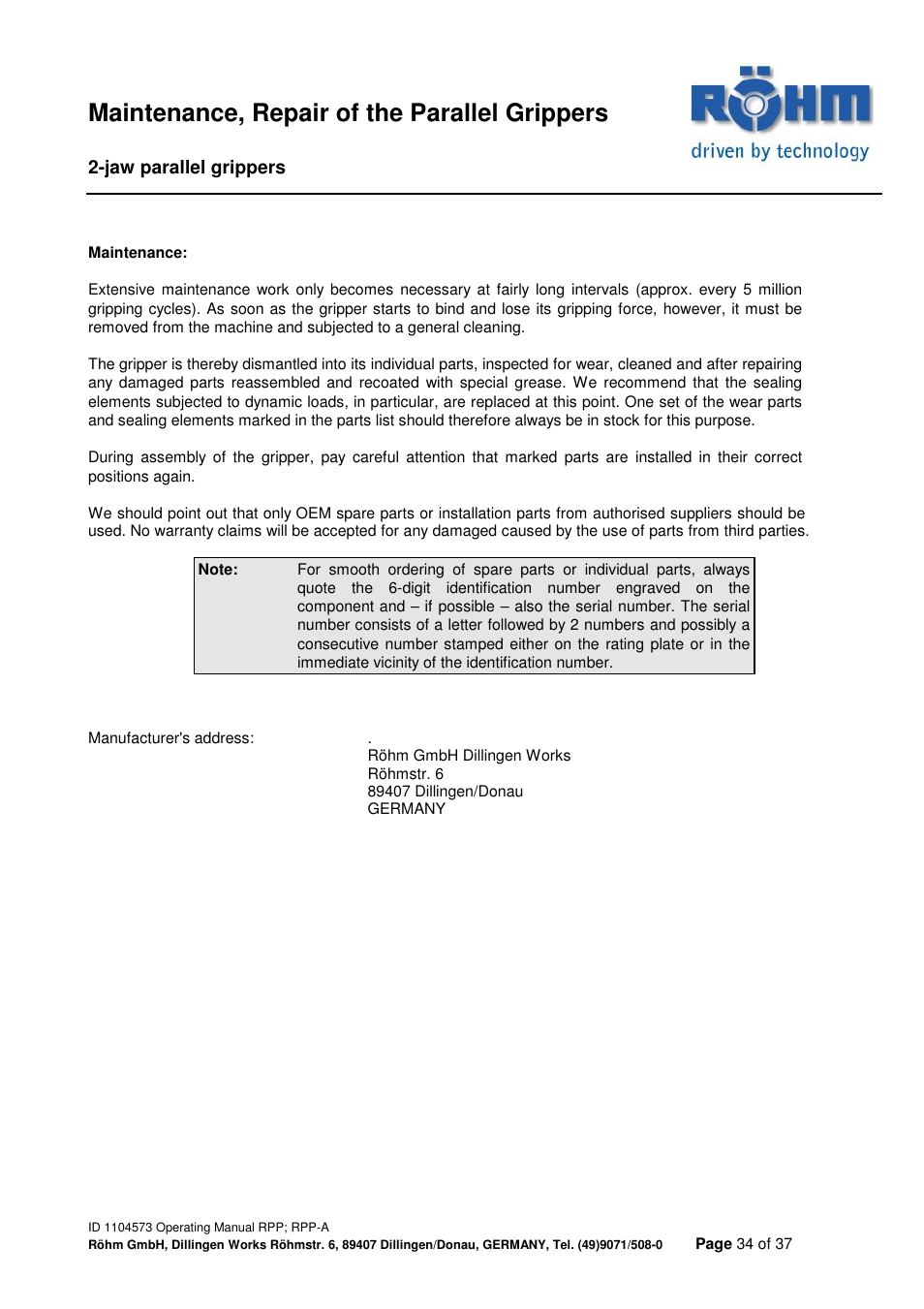 Maintenance, repair of the parallel grippers | ROHM RPP / RPP-A 2-jaw parallel gripper User Manual | Page 34 / 37